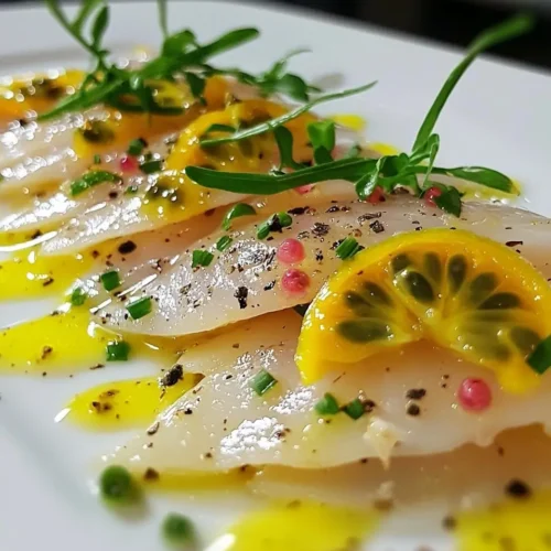 Carpaccio de Daurade Exotique 5 Carpaccio de Daurade, Vinaigrette aux Fruits de la Passion et Baies Roses