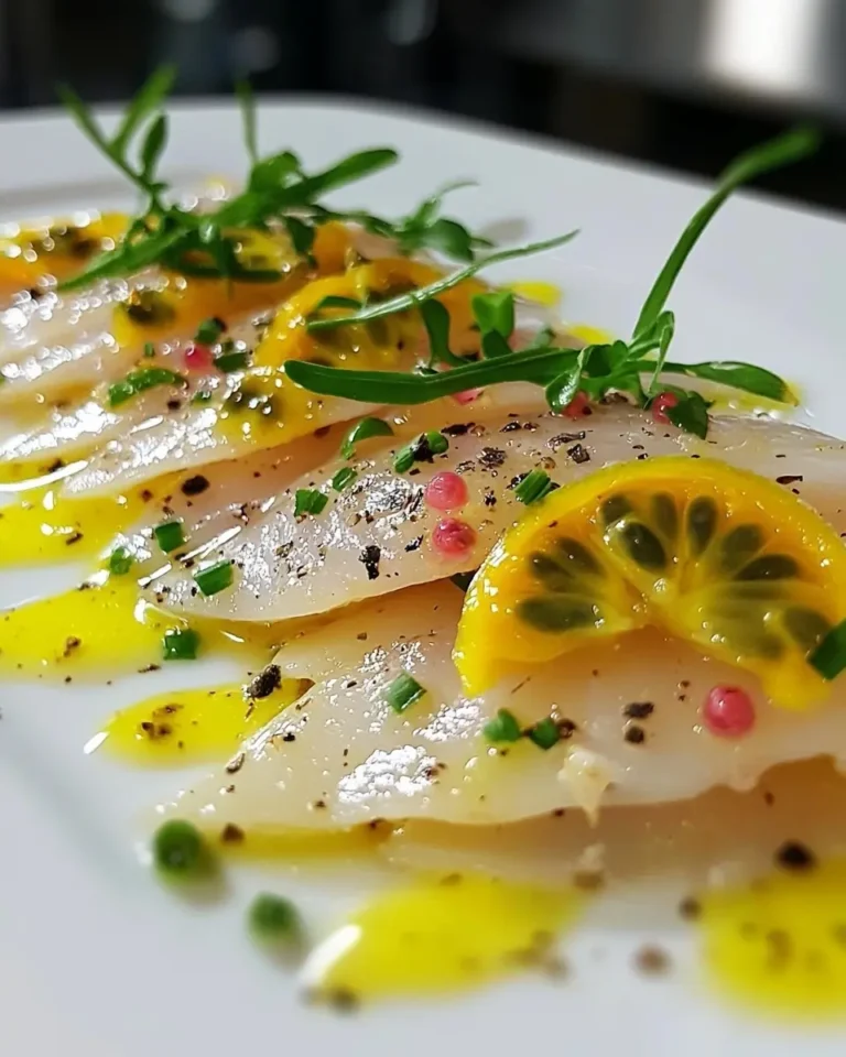 Carpaccio de Daurade, Vinaigrette aux Fruits de la Passion et Baies Roses