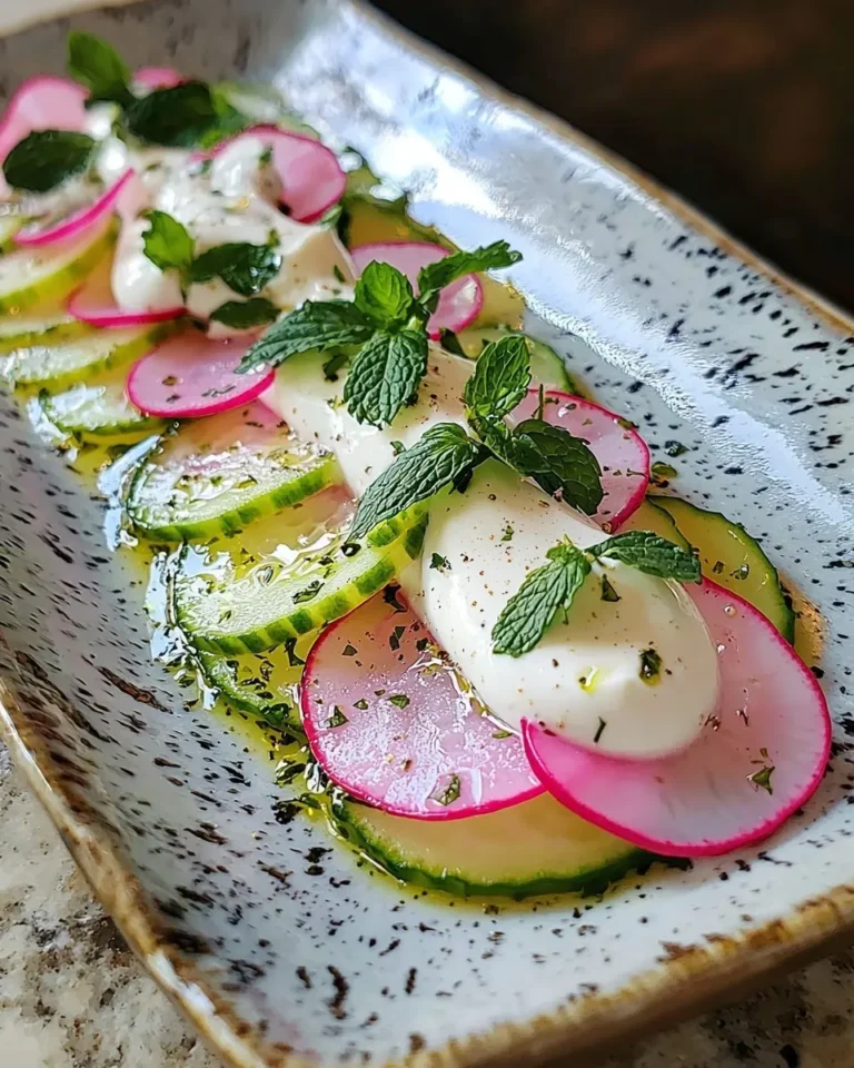 Carpaccio de Radis Roses et Concombre, Sauce au Yaourt Grec et à la Menthe