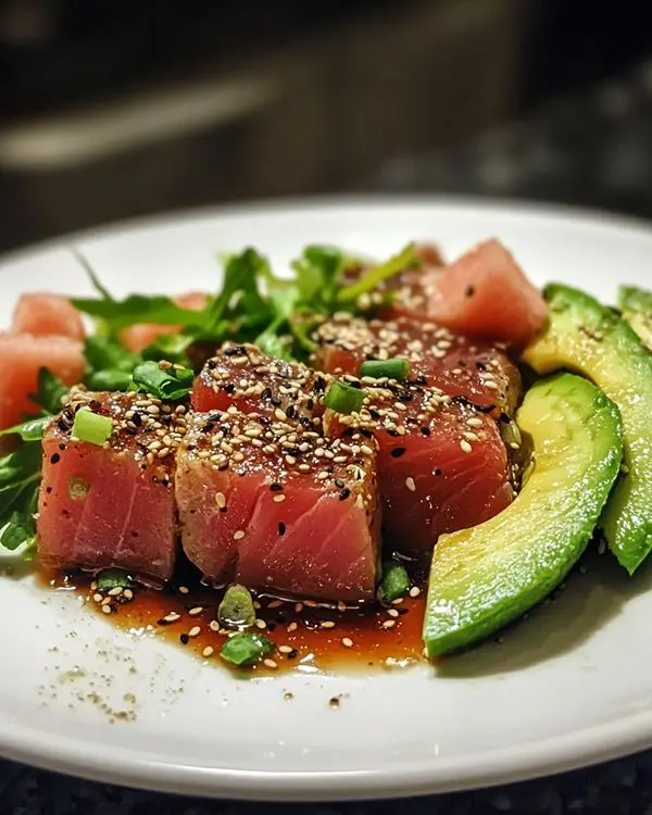 Tataki de Thon au Sésame Exquis 4 Tataki de Thon au Sésame, Salade de Pastèque et Avocat