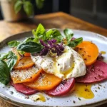 Burrata sur Carpaccio de Kaki et Poire