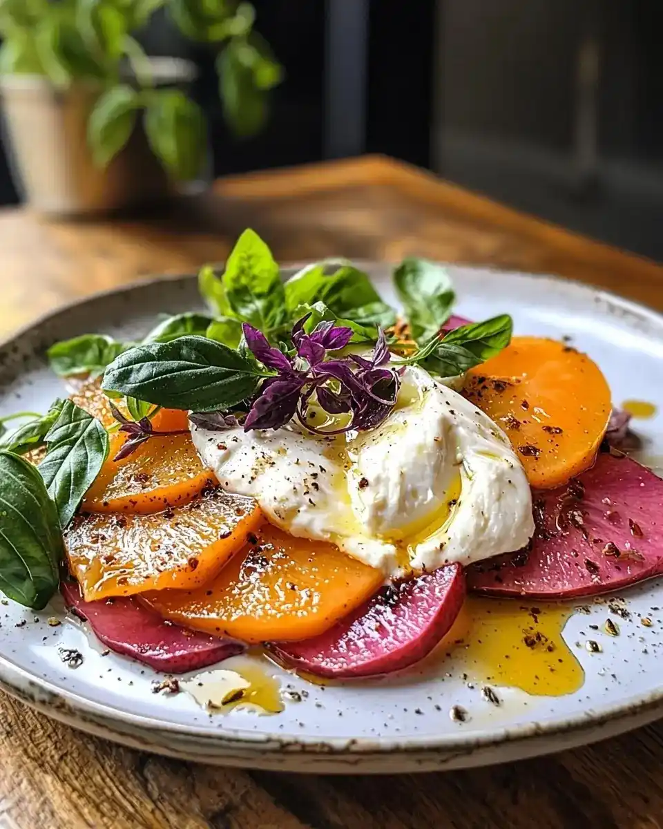 Burrata sur Carpaccio de Kaki et Poire