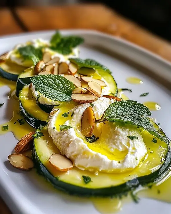 Carpaccio de Courgettes Jaunes Estival 2 Carpaccio de Courgettes Jaunes, Ricotta Fouettée à la Menthe et Amandes Torréfiées