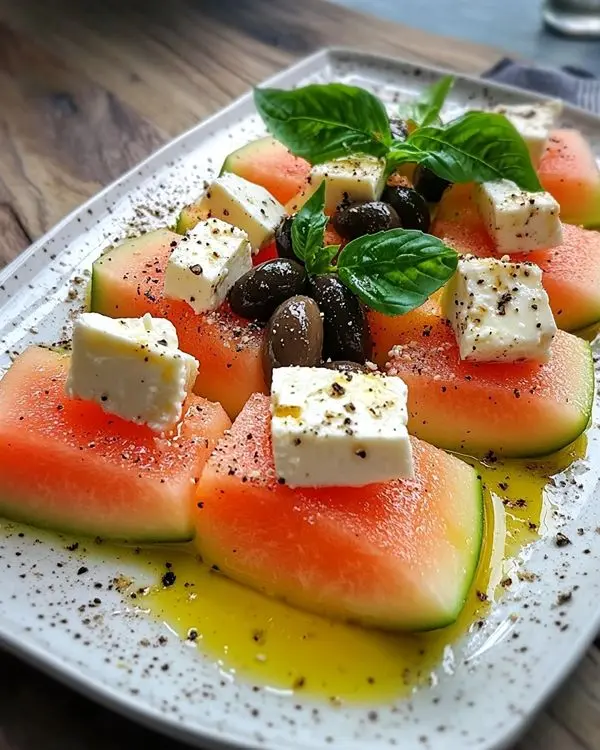 Carpaccio de Melon, Feta au Piment d'Espelette et Olives