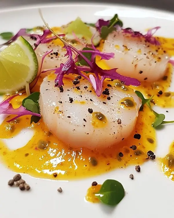 Carpaccio de Saint-Jacques, Vinaigrette à la Vanille Exotique 4 Carpaccio de Saint-Jacques, Vinaigrette à la Vanille et Fruits de la Passion