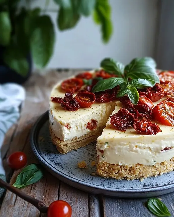 Cheesecake Salé sans Cuisson aux Tomates Confites 4 Cheesecake Salé sans Cuisson aux Tomates Confites et Basilic, Base Crumble au Parmesan