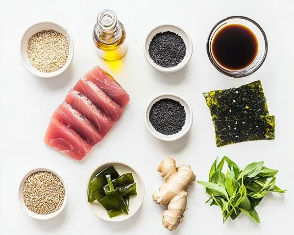 Tataki de Thon Mi-Cuit au Sésame Parfumé 3 Ingrédients pour Tataki de Thon Mi-Cuit au Sésame, Salade de Wakame & Vinaigrette Soja-Gingembre