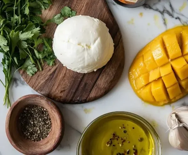 Burrata Crémeuse sur Mangue Rôtie 2 Les ingrédients pour Burrata Crémeuse sur Mangue Rôtie