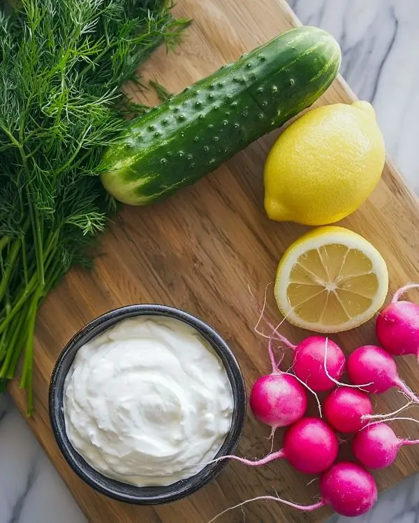 Velouté Glacé de Concombre et Pomme Verte Rafraîchissant 2 Les ingrédients pour Velouté Glacé de Concombre et Pomme Verte, Yaourt Grec et Radis Rose