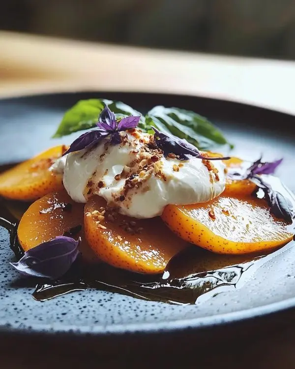 Burrata sur Carpaccio de Kaki et Poire 4 Recette Burrata sur Carpaccio de Kaki et Poire