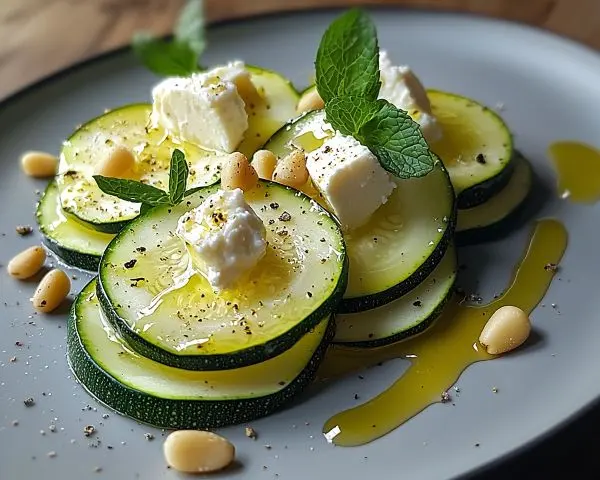 Carpaccio de Courgette Irrésistible 4 Recette Carpaccio de Courgette, Ricotta Salata, Pignons Grillés et Vinaigrette au Miel et à la Menthe