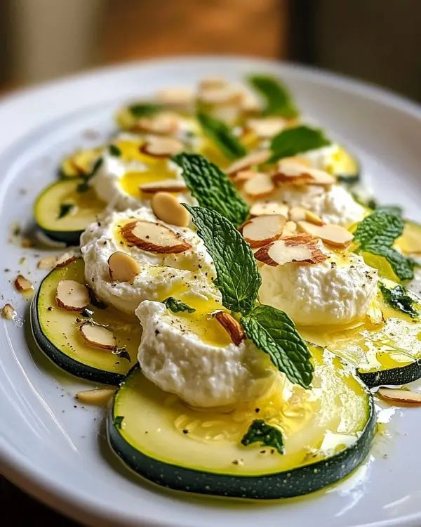 Carpaccio de Courgettes Jaunes Estival 4 Recette Carpaccio de Courgettes Jaunes, Ricotta Fouettée à la Menthe et Amandes Torréfiées