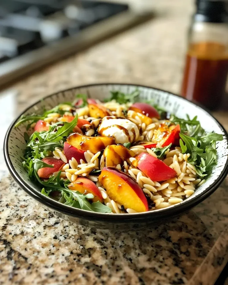Salade de Pâtes Orzo, Pêches Rôties, Mozzarella di Bufala et Roquette