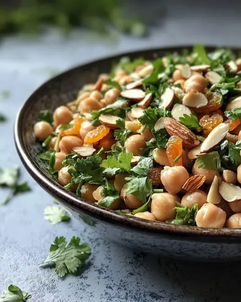 Salade de Pois Chiches Parfumée 3 Salade de Pois Chiches, Abricots Secs & Amandes Grillées, Vinaigrette à la Fleur d'Oranger