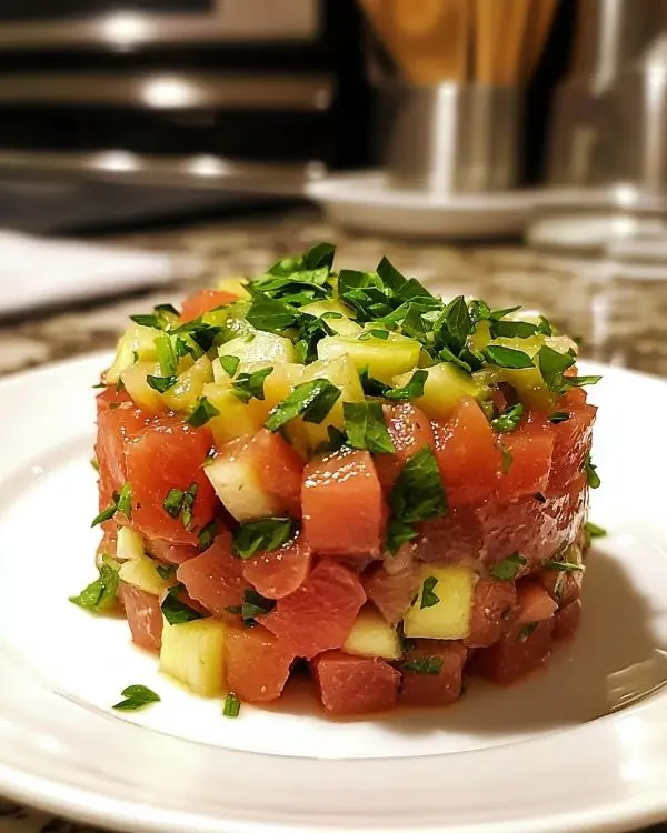 Tartare de Thon, Nectarine Blanche et Vinaigrette à la Menthe 4 Tartare de Thon, Nectarine Blanche et Vinaigrette à la Menthe