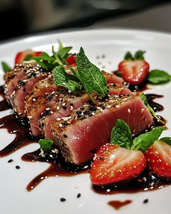 Tataki de Thon aux Fraises Explosif 2 Tataki de Thon aux Fraises, Vinaigrette Balsamique et Menthe