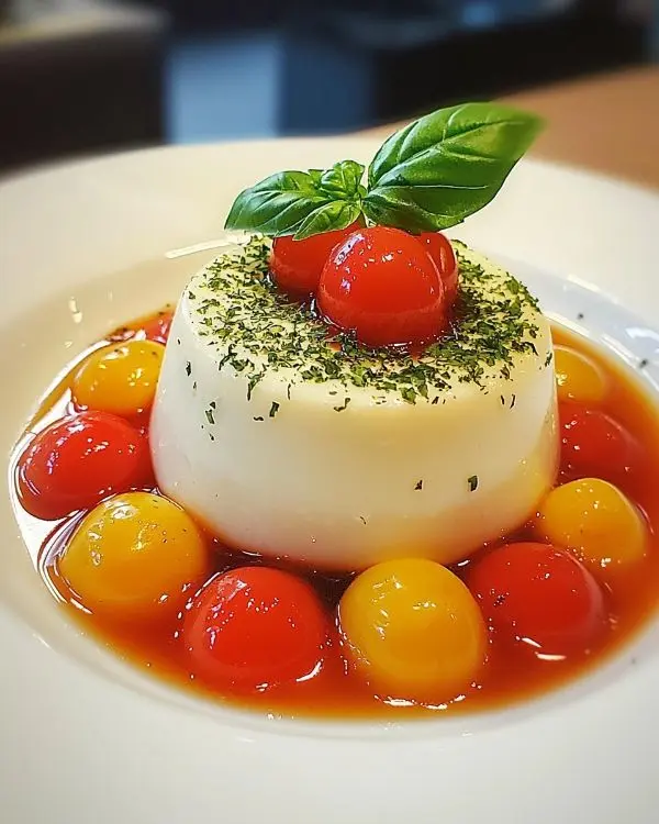 Panna Cotta Salée au Parmesan, Coulis de Tomates Jaunes Confites & Basilic
