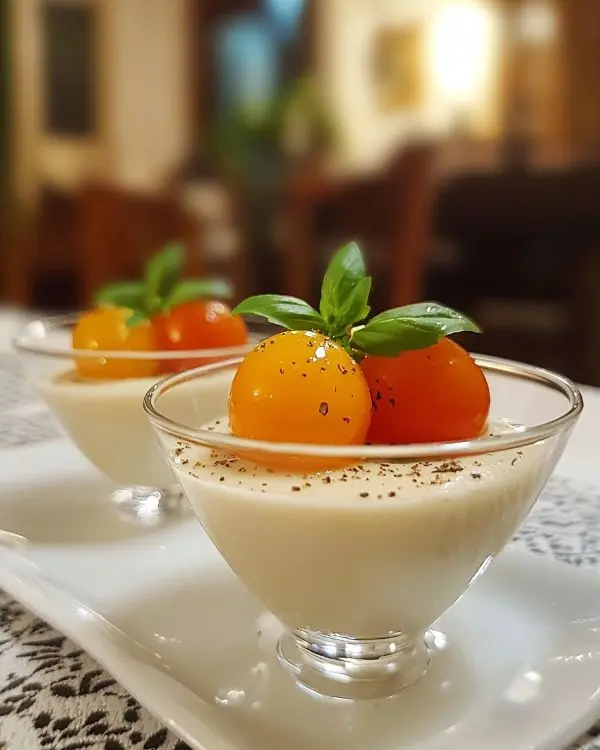 Recette Panna Cotta Salée au Parmesan, Coulis de Tomates Jaunes Confites & Basilic