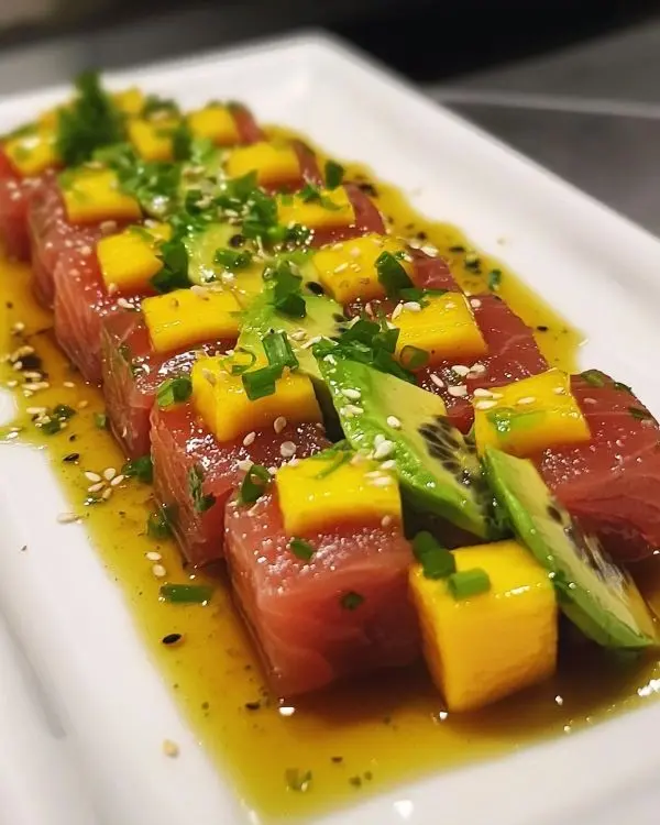 Tataki de Thon Rouge Exquis 4 Tataki de Thon Rouge, Crème d'Avocat au Wasabi & Vierge Mangue-Passion